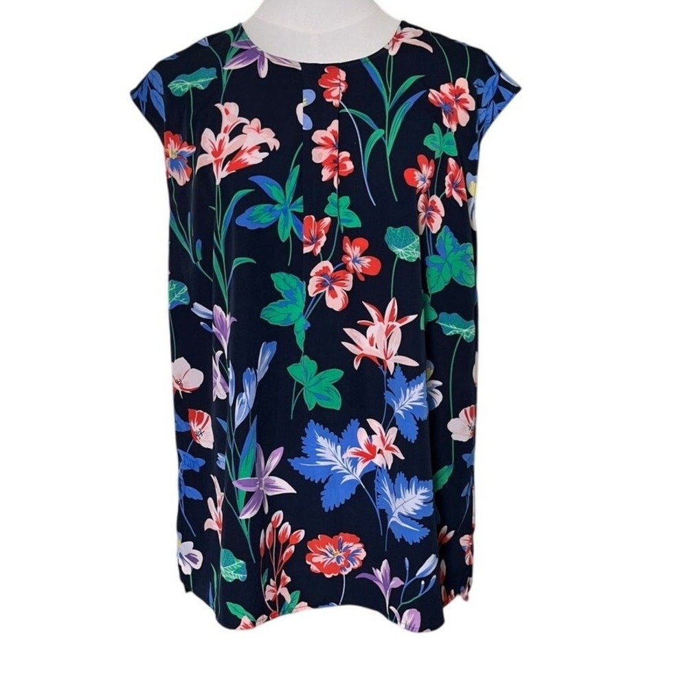 Talbots Petites 16P Sleeveless‎ Blouse Navy Floral Print Layering Top